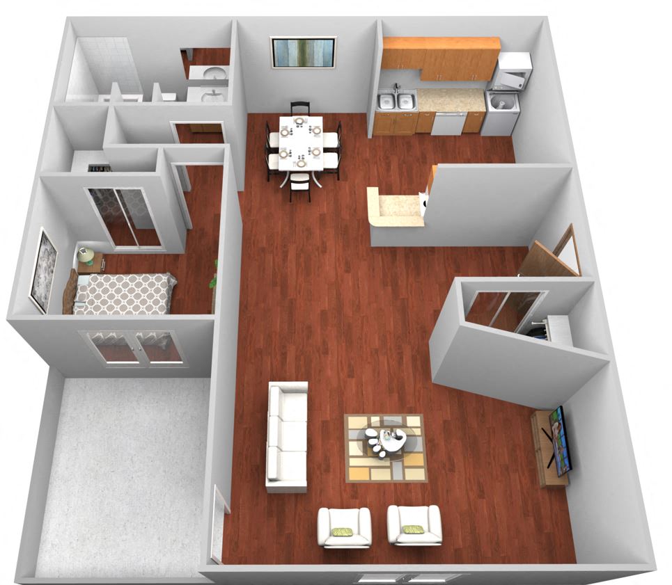 Floor plan for 1 bed, 1 bath, 980 sqft